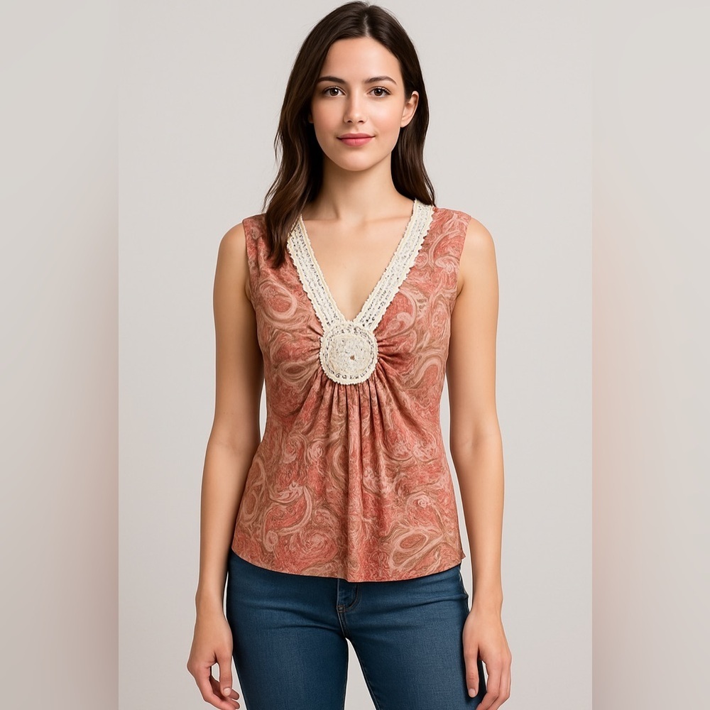 🌸 Cha Cha Vente Boho Sleeveless Paisley Top – Size M 🌸